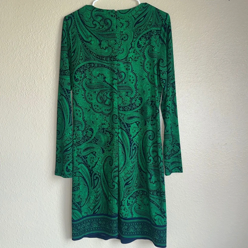 Michael Kors Jersey Shift Dress Green & Paisley Pattern Long Sleeve Sheath Med